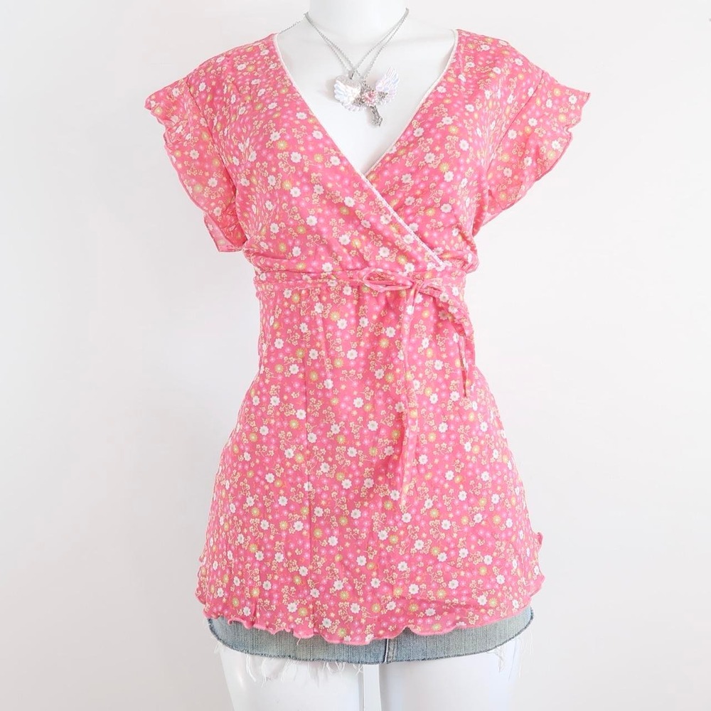 pink floral y2k wrap top | 2000s fairycore ruffle blouse